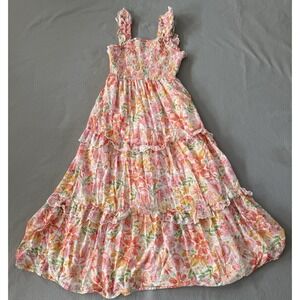 Haute Hippie SunDress Womens Sz 2 Smocked Bodice Tiered Cottagecore Pink Floral